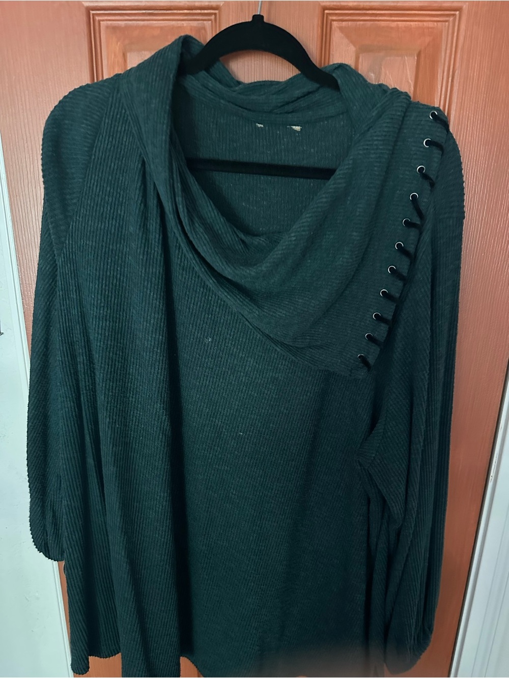 Melissa Paige Dark Green Ribbed Cowl Neck Women's Sweater with Lace-Up Detail